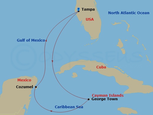 Carnival Paradise - 5 Night - Western Caribbean - Carnival Paradise - Starting in Tampa, Fl, Grand Cayman, Cayman Islands, Cozumel, Mexico, Tampa, Fl itinerary map