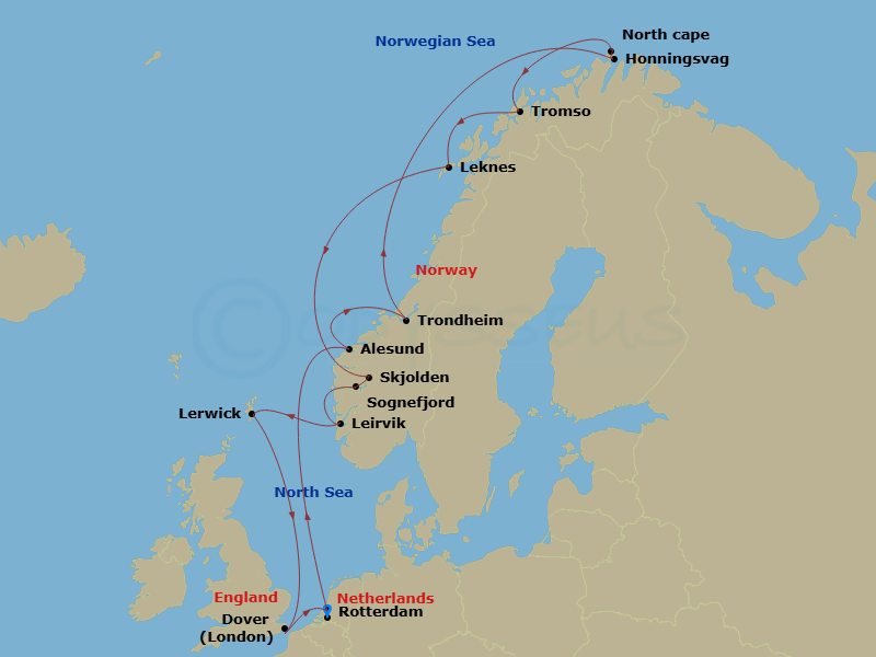 HAL Nieuw Statendam - 14 Night - Arctic Circle Crossing with History Channel - HAL Nieuw Statendam - Starting in Rotterdam, the Netherlands, Alesund, Norway, Trondheim, Norway, Sce.. itinerary map