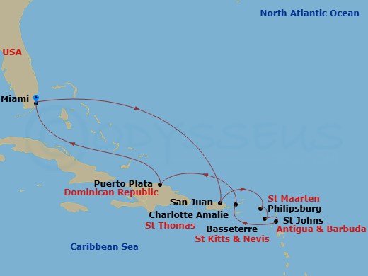 MSC Divina - 10 Night - Caribbean and Antilles - MSC Divina - Starting in Miami, Florida, San Juan, Puerto Rico, Philipsburg, St Maarten, Basseterre, St Kitts and Nevis, S.. itinerary map