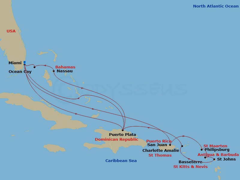MSC Divina - 17 Night - Caribbean and Antilles - MSC Divina - Starting in Miami, Florida, San Juan, Puerto Rico, Philipsburg, St Maarten, Basseterre, St Kitts and Nevis, S.. itinerary map