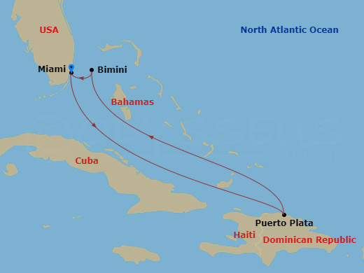 Scarlet Lady - 5 Night - Scarlet Valentine's Voyage - Scarlet Lady - Starting in Miami, Florida, Puerto Plata, Dominican Republic, The Beach Club at Bimini, Bahamas, Miami,.. itinerary map