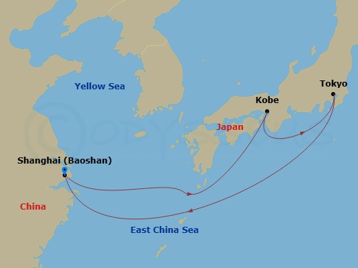 RCL Spectrum of the Seas - 8 Night - Kobe & Tokyo Overnights Cruise - RCL Spectrum of the Seas - Starting in Shanghai (Baoshan), China, Kobe, Japan, Tokyo, Japan, Shanghai (Baoshan), Ch.. itinerary map