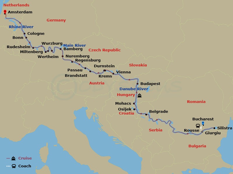 Scenic Amber - 22 Night - Iconic Europe, from Bucharest to Amsterdam - Scenic Amber - Starting in Bucharest, Bucharest / Giurgiu, Silistra, Rouse, Cruising Day, Belgrade, Os.. itinerary map