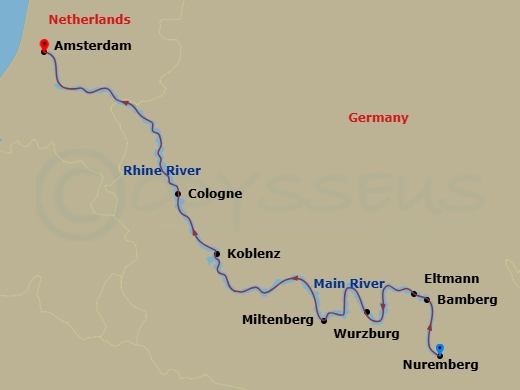 Celebrity Compass - 7 Night - Rhine River - Amsterdam New Year's - Celebrity Compass - Starting in Nuremberg, Germany, Bamberg, Germany, Eltmann, Germany, Wurzburg, Germany, Milt.. itinerary map