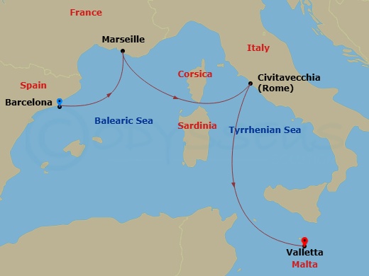 MSC Poesia - 4 Night - Northern Europe - MSC Poesia - Starting in Barcelona, Spain, Marseille (Provence), France, Civitavecchia (Rome), Italy, La Valletta, Malta itinerary map