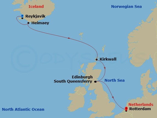 HAL Rotterdam - 7 Night - Viking Trails & Celtic Origins with History Channel - HAL Rotterdam - Starting in Reykjavik, Iceland, Heimaey, Westman Islands, Iceland, Kirkwall, S.. itinerary map