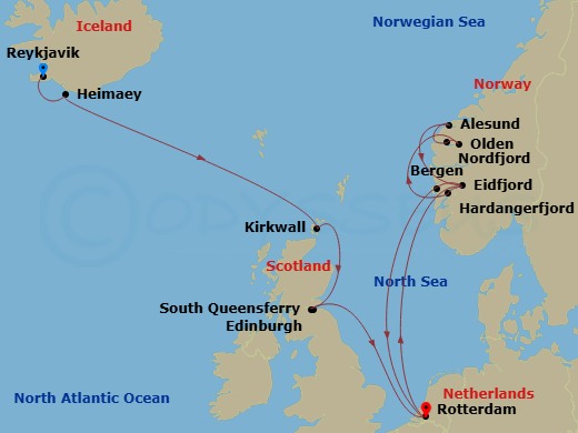 HAL Rotterdam - 14 Night - Celtic Origins & Norway Fjords with History Channel - HAL Rotterdam - Starting in Reykjavik, Iceland, Heimaey, Westman Islands, Iceland, Kirkwall,.. itinerary map