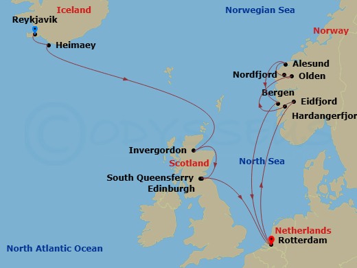 HAL Rotterdam - 14 Night - Celtic Origins & Norway Fjords with History Channel - HAL Rotterdam - Starting in Reykjavik, Iceland, Heimaey, Westman Islands, Iceland, Invergordo.. itinerary map