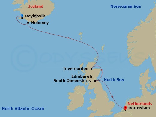 HAL Rotterdam - 7 Night - Viking Trails & Celtic Origins with History Channel - HAL Rotterdam - Starting in Reykjavik, Iceland, Heimaey, Westman Islands, Iceland, Invergordon.. itinerary map