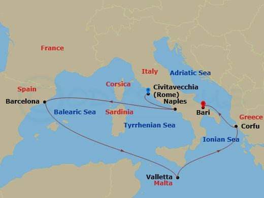 MSC Fantasia - 8 Night - Mediterranean - MSC Fantasia - Starting in Civitavecchia (Rome), Italy, Naples (Pompeii), Italy, Barcelona, Spain, La Valletta, Malta, Corfu, Greece.. itinerary map