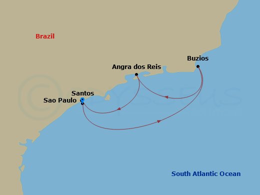 MSC Preziosa - 3 Night - South America - MSC Preziosa - Starting in Santos (Sao Paulo), Brazil, Buzios, Brazil, Angra Dos Reis, Brazil, Santos (Sao Paulo), Brazil itinerary map