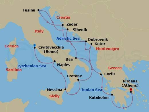 14 Night - Italy, the Adriatic & Greece - Viking Neptune - Starting in Rome (Civitavecchia), Naples, Sicily (Messina), Crotone, Bari, Sibenik, Venice (Fusina), Zadar, Dubrovnik, Croatia, Kotor, Corfu (Kerkyra), Katakolon (Olympia), Athens (Piraeus) itinerary map