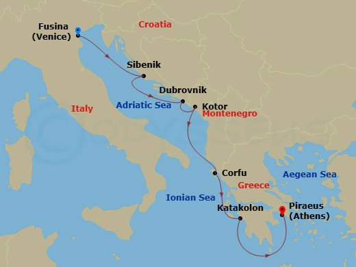 7 Night - Venice, the Adriatic & Greece - Viking Mira - Starting in Venice (Fusina), Sibenik, Dubrovnik, Croatia, Kotor, Corfu (Kerkyra), Katakolon (Olympia), Athens (Piraeus) itinerary map