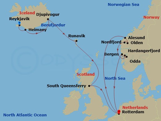 HAL Rotterdam - 14 Night - Scotland with Norwegian Fjords Collectors' Voyage - HAL Rotterdam - Starting in Reykjavik, Iceland, Heimaey, Westman Islands, Iceland, Djupivogur,.. itinerary map
