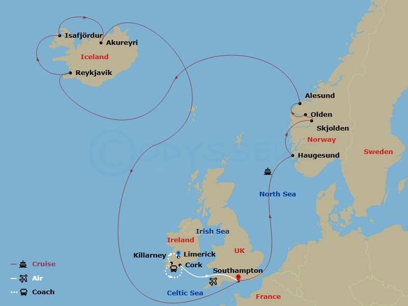 Majestic Princess Cruise Tours - 18 Night - Ring of Kerry - Tour 3D - Majestic Princess Cruise Tours - Starting in Limerick, Ireland, Killarney, Ireland, Cork, Ireland, Southampton (for Londo.. itinerary map