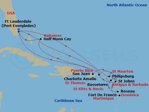 HAL Koningsdam - 21 Night - Eastern Caribbean : Leeward & U.S. Virgin Islands - HAL Koningsdam - Starting in Fort Lauderdale, Florida, Half Moon Cay, Bahamas, St Thomas, US Vi.. itinerary map