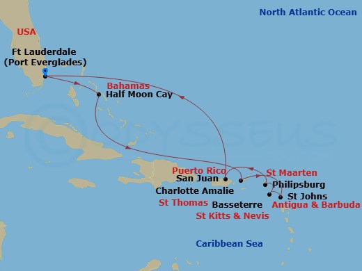 HAL Koningsdam - 10 Night - Eastern Caribbean : U.S. Virgin Islands & San Juan - HAL Koningsdam - Starting in Fort Lauderdale, Florida, Half Moon Cay, Bahamas, St Thomas, US V.. itinerary map