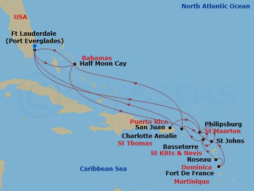 HAL Koningsdam - 21 Night - Eastern Caribbean : Leeward & U.S. Virgin Islands - HAL Koningsdam - Starting in Fort Lauderdale, Florida, Philipsburg, Sint Maarten, St Johns AG,.. itinerary map