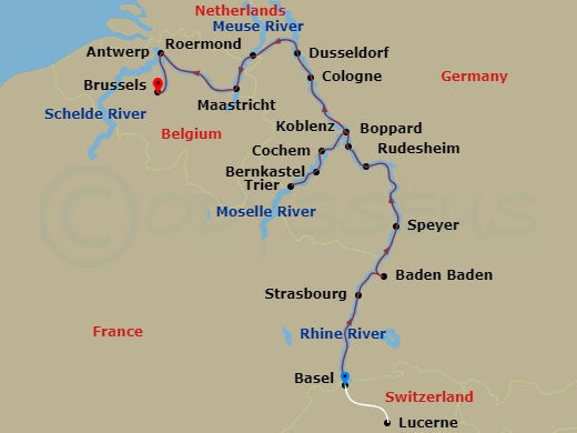 S.S. Audrey - 14 Night - Rhine, Moselle & Belgium Grand Discovery - S.S. Audrey - Starting in Basel, Basel (Lucerne), Strasbourg (Baden-Baden), Speyer, Boppard, Rudesheim,.. itinerary map
