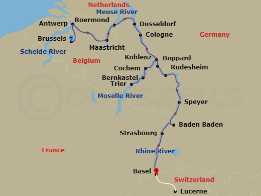 S.S. Audrey - 14 Night - Rhine, Moselle & Belgium Grand Discovery - S.S. Audrey - Starting in Brussels, Antwerp, Maastricht, Roermond, Dusseldorf, Cologne, Cochem, Trier, B.. itinerary map