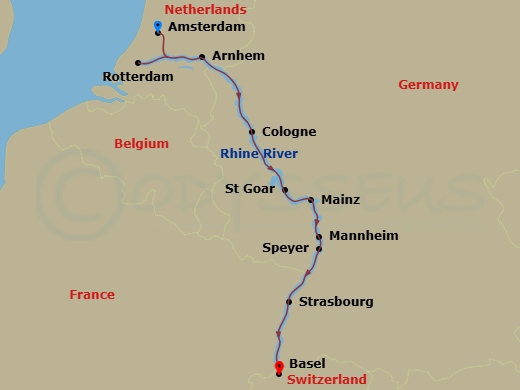 S.S. Audrey - 10 Night - Remarkable Rhine & Historic Holland - S.S. Audrey - Starting in Amsterdam, Rotterdam, Arnhem, Cologne, Sankt Goar, Sankt Goar, Mainz, Speyer (Mannh.. itinerary map