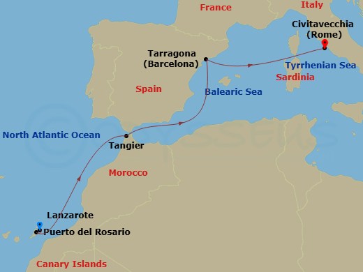 MSC Fantasia - 7 Night - Canary Islands and Madeira - MSC Fantasia - Starting in Arrecife De Lanzarote (Canary Islands), Spain, Puerto Del Rosario / Fuerteventura, Spain, Ta.. itinerary map