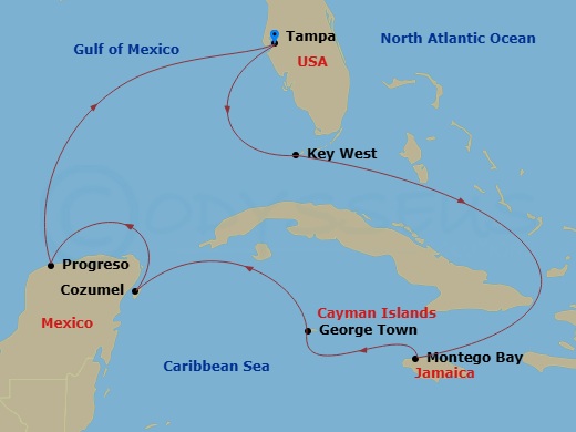 Margaritaville Islander - 8 Night - Key West, Mexico & Western Caribbean - Margaritaville Islander - Starting in Port Tampa Bay, Key West, FL, Montego Bay, Jamaica, George Town, Grand.. itinerary map