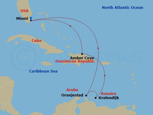 Carnival Venezia - 8 Night - Southern Caribbean - Carnival Venezia - Starting in Miami, Fl, Amber Cove, Dominican Republic, Bonaire, Aruba, Miami, Fl itinerary map