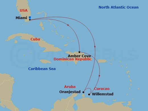 Carnival Venezia - 8 Night - Southern Caribbean - Carnival Venezia - Starting in Miami, Fl, Amber Cove, Dominican Republic, Curacao, Aruba, Miami, Fl itinerary map
