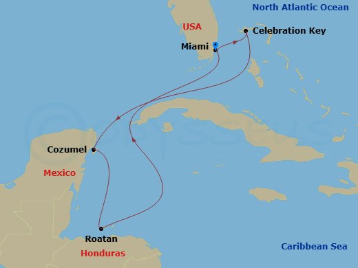 Carnival Venezia - 7 Night - Western Caribbean - Carnival Venezia - Starting in Miami, Fl, Celebration Key, the Bahamas, Cozumel, Mexico, Isla Tropicale, Roatan, Miami, Fl itinerary map