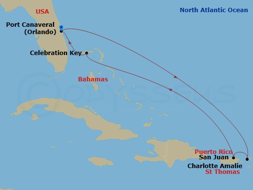 Carnival Vista - 7 Night - Eastern Caribbean - Carnival Vista - Starting in Port Canaveral (Orlando), Fl, St Thomas, US Virgin Islands, San Juan, Puerto Rico, Celebration Key,.. itinerary map