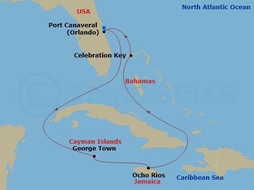 Carnival Vista - 7 Night - Western Caribbean - Carnival Vista - Starting in Port Canaveral (Orlando), Fl, Grand Cayman, Cayman Islands, Ocho Rios, Jamaica, Celebration Key, th.. itinerary map