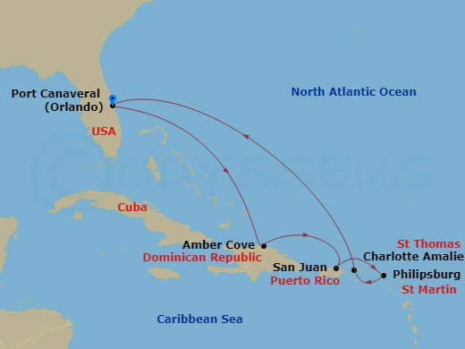 Carnival Vista - 8 Night - Eastern Caribbean - Carnival Vista - Starting in Port Canaveral (Orlando), Fl, Amber Cove, Dominican Republic, San Juan, Puerto Rico, St Maarten, St.. itinerary map