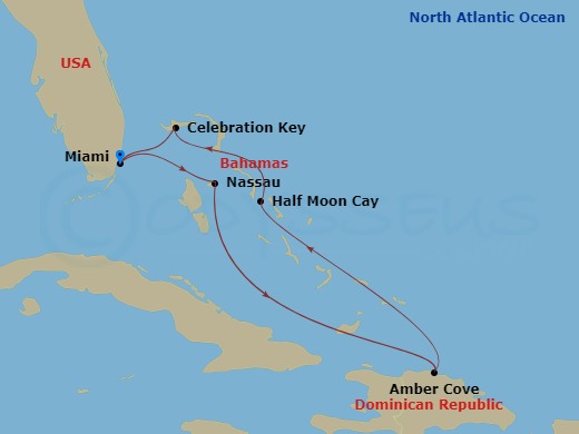 Carnival Magic - 7 Night - Eastern Caribbean - Carnival Magic - Starting in Miami, Fl, Celebration Key, the Bahamas, San Juan, Puerto Rico, St Thomas, US Virgin Islands, Miami.. itinerary map