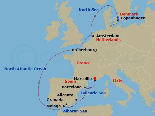 10 Night - Northern Europe - MSC Euribia - Starting in Copenhagen, Denmark, Amsterdam, Holland, Cherbourg (Mont Saint-Michel), France, Malaga (Granada), Spain, Alicante, Spain, Barcelona, Spain, Marseille (Provence), France itinerary map