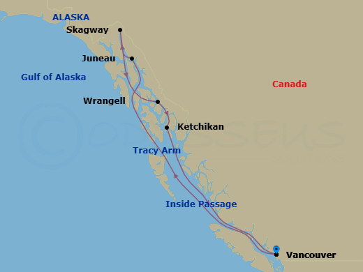 8 Night - Alaska Inside Passage - Nieuw Amsterdam - Starting in Vancouver, BC, CA, Scenic Cruising the Inside Passage, Juneau, Alaska, Skagway, Alaska, Scenic Cruising Tracy Arm, Wrangell, Alaska, Ketchikan, Alaska, Scenic Cruising the Inside Passage, Vancouver, BC, CA itinerary map