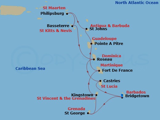 MSC Seaview - 13 Night - Msc Grand Voyages - MSC Seaview - Starting in Bridgetown, Barbados, Saint George, Grenada, Kingstown, St Vincent and the Grenadines, Fort-de-France.. itinerary map