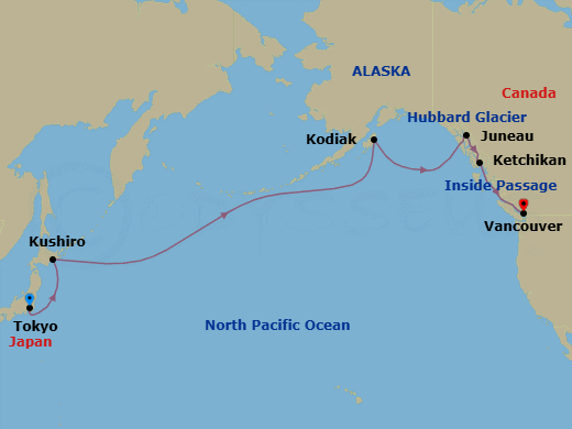 15 Night - North Pacific Crossing - Westerdam - Starting in Tokyo, Japan, Kushiro, Japan, Cross International Dateline, Kodiak, Alaska, Cruising Hubbard Glacier, Juneau, Alaska, Ketchikan, Alaska, Scenic Cruising the Inside Passage, Vancouver, BC, CA itinerary map