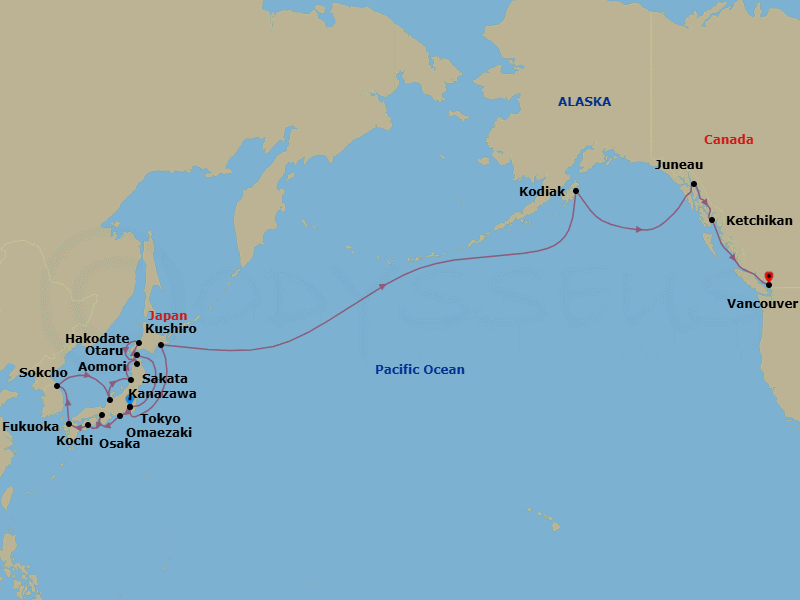 29 Night - Japan & North Pacific Crossing Collector - Westerdam - Starting in Tokyo, Japan, Omaezaki, Japan, Osaka, Japan, Kochi, Japan, Scenic Cruising Kanmon Straits, Fukuoka (Hakata), Japan, Sokcho, South Korea, Kanazawa, Japan, Sakata, Japan, Aomori, Japan, Otaru, Japan, Hakodate, Japan, Tokyo, Japan, Kushiro, Japan, Cross International Dateline, Kodiak, Alaska, Cruising Hubbard Glacier, Juneau, Alaska, Ketchikan, Alaska, Scenic Cruising the Inside Passage, Vancouver, BC, CA itinerary map