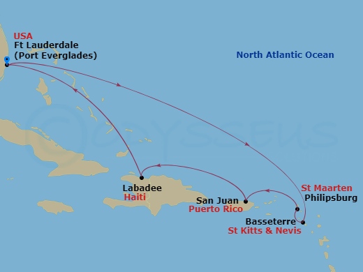 RCL Adventure of the Seas - 8 Night - Eastern Caribbean Cruise - RCL Adventure of the Seas - Starting in Fort Lauderdale, Florida, Basseterre, St Kitts and Nevis, Philipsburg, St Maarten.. itinerary map