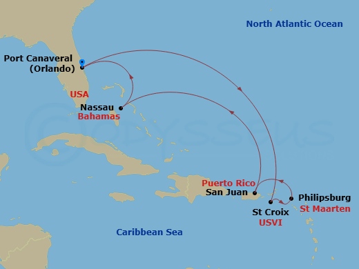 RCL Adventure of the Seas - 8 Night - Eastern Caribbean Cruise - RCL Adventure of the Seas - Starting in Orlando (Port Canaveral), Fl, St Croix, US Virgin Islands, Philipsburg, St Maarte.. itinerary map