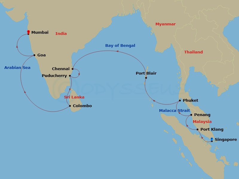 Crystal Serenity - 15 Night - Africa & Indian Ocean - Crystal Serenity - Starting in Singapore, Port Klang (Kuala Lumpur), Penang, Phuket, Port Blair, Hambantota, Colombo, Cochi.. itinerary map