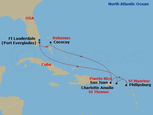 RCL Allure of the Seas - 8 Night - Eastern Caribbean & Perfect Day - RCL Allure of the Seas - Starting in Fort Lauderdale, Florida, Charlotte Amalie, St Thomas, Philipsburg, St Maarte.. itinerary map