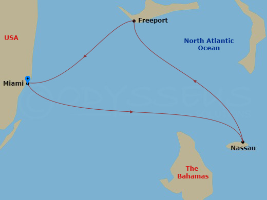 Margaritaville Beachcomber - 4 Night - Bahamas Duo - Margaritaville Beachcomber - Starting in Miami, Nassau, Bahamas, Freeport, Grand Bahama, Miami itinerary map