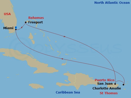 Margaritaville Beachcomber - 7 Night - Bahamas & Eastern Caribbean - Margaritaville Beachcomber - Starting in Miami, Freeport, Grand Bahama, San Juan, Puerto Rico, St Thomas, US Virgin Is.. itinerary map