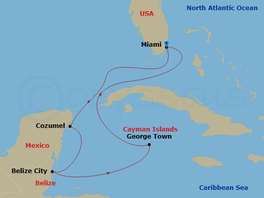Margaritaville Beachcomber - 7 Night - Mexico & Western Caribbean - Margaritaville Beachcomber - Starting in Miami, Cozumel, Mexico, Belize, George Town, Grand Cayman, Miami itinerary map