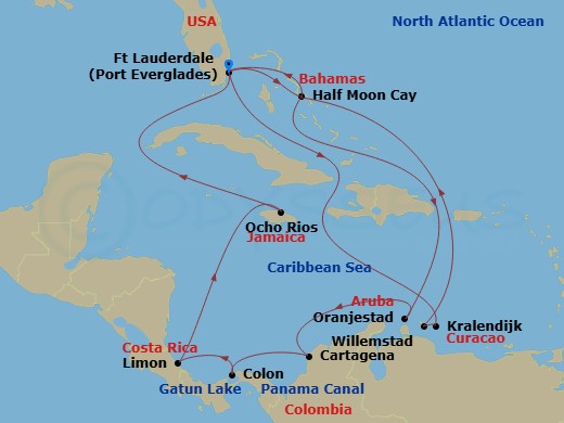 HAL Nieuw Amsterdam - 21 Night - Panama Canal & Southern Caribbean Discovery - HAL Nieuw Amsterdam - Starting in Fort Lauderdale, Florida, RelaxAway, Half Moon Cay, Bahamas, Oranje.. itinerary map