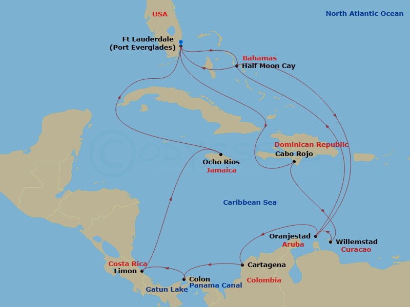 HAL Nieuw Amsterdam - 21 Night - Southern Caribbean & Panama Canal : Abc Islands - HAL Nieuw Amsterdam - Starting in Fort Lauderdale, Florida, Cabo Rojo, Dominican Republic, Willem.. itinerary map
