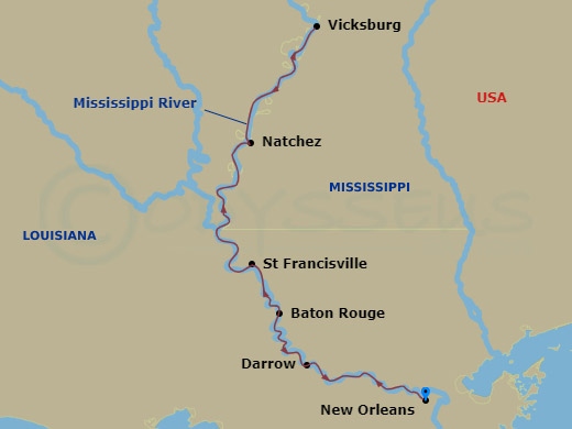 Viking Mississippi - 7 Night - New Orleans & Southern Charms - Viking Mississippi - Starting in New Orleans, Louisiana, Darrow, Louisiana, St Francisville, Louisiana, Natchez, Mis.. itinerary map