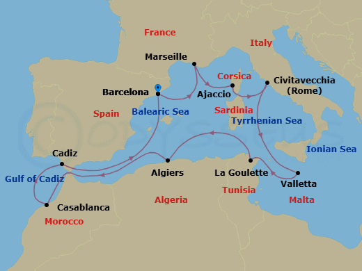 15 Night - Malta, Morocco & the Mediterranean - Viking Saturn - Starting in Barcelona, Marseille, Corsica (Ajaccio), Rome (Civitavecchia), Sail the Mediterranean Sea, Valletta, Tunis (La Goulette), Sail the Mediterranean Sea, Algiers, Sail the Strait of Gibraltar, Casablanca, Seville (Cadiz), Sail the Alboran Sea, Barcelona itinerary map